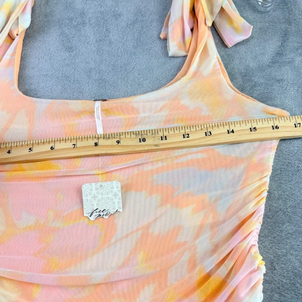 Free People L‎ Avenue Ivory Orange Ruched Mesh Tie Dye Tank Top Boho Summer NWT